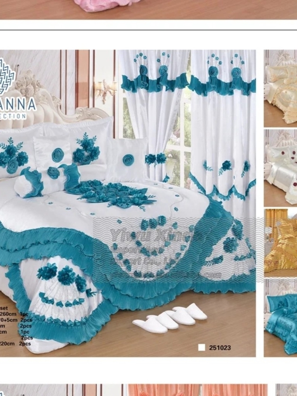 Liliana Teal and White Ruffled Floral Bedspread Set